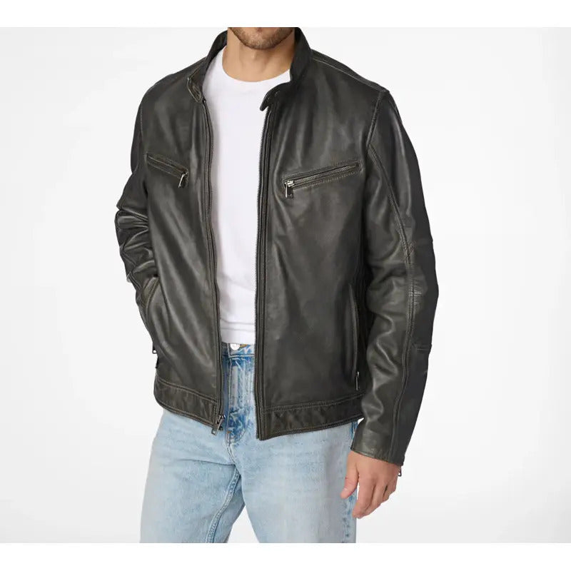 Brent Moto Grey Leather Jacket