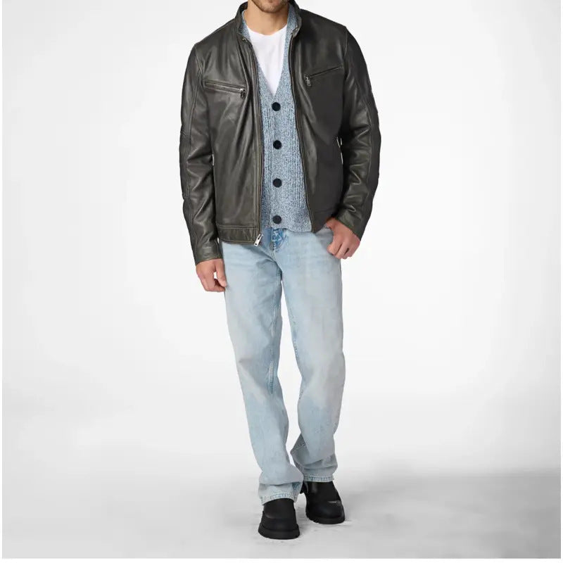 Brent Moto Grey Leather Jacket