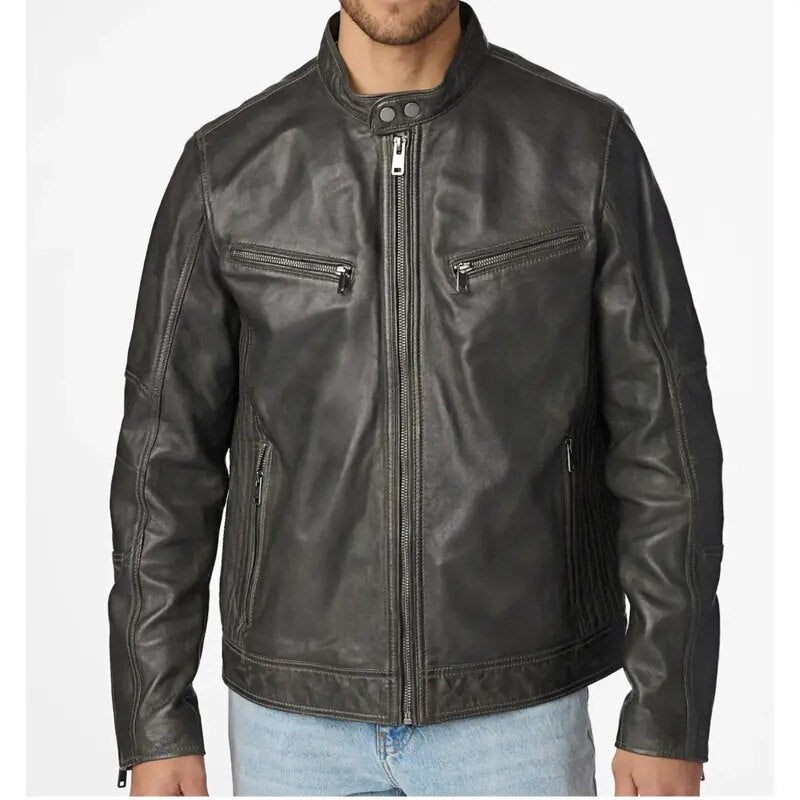 Brent Moto Grey Leather Jacket