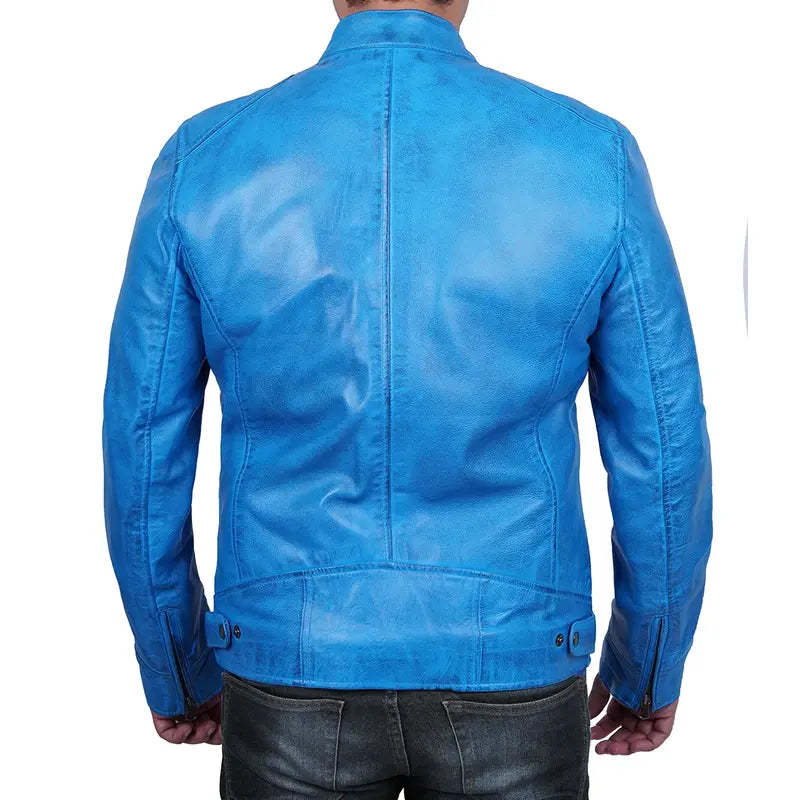 Cafe Racer Dodge Blue Leather Jacket For Men