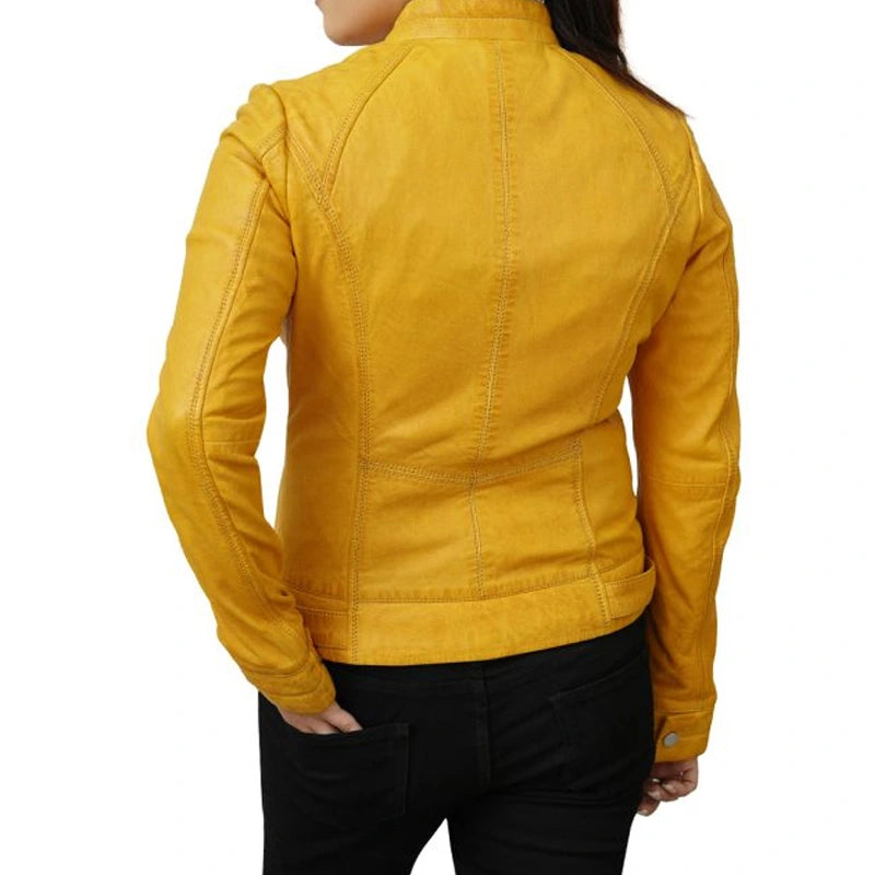 Cafe Racer Style Yellow Women's Leather Jacket