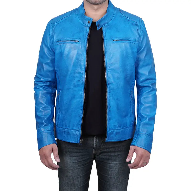 Cafe Racer Dodge Blue Leather Jacket For Men