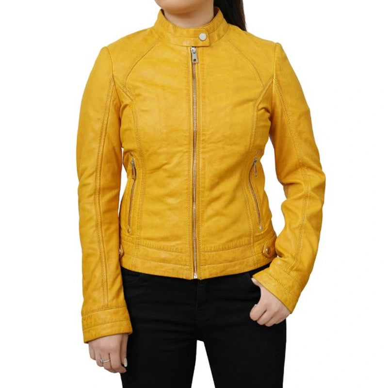 Cafe Racer Style Yellow Women's Leather Jacket