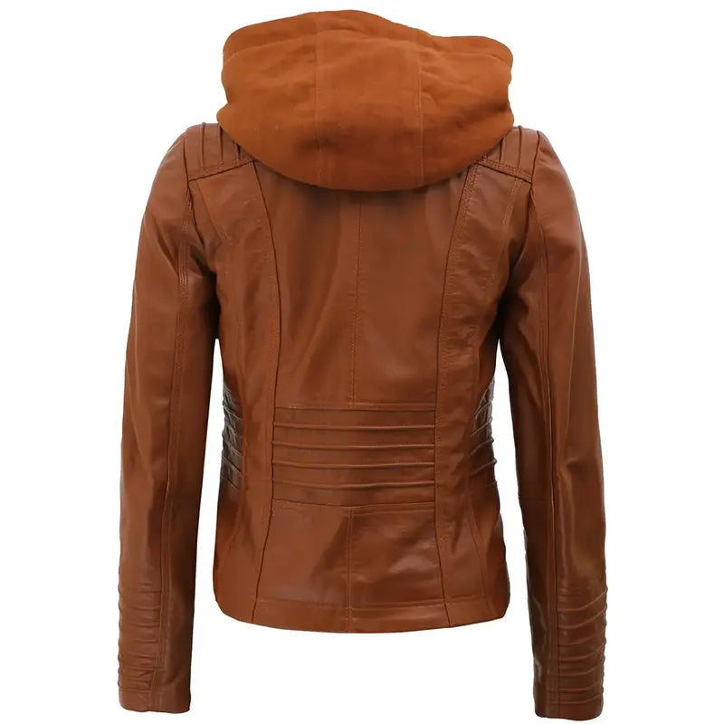 Cognac Slim Fit Hooded Leather Jacket