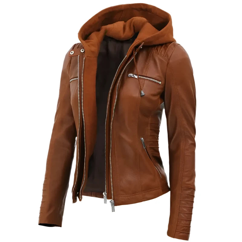 Cognac Slim Fit Hooded Leather Jacket