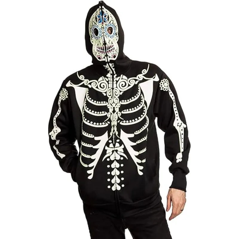 Skeleton Costume Fleece Zip-up Black Hoodie