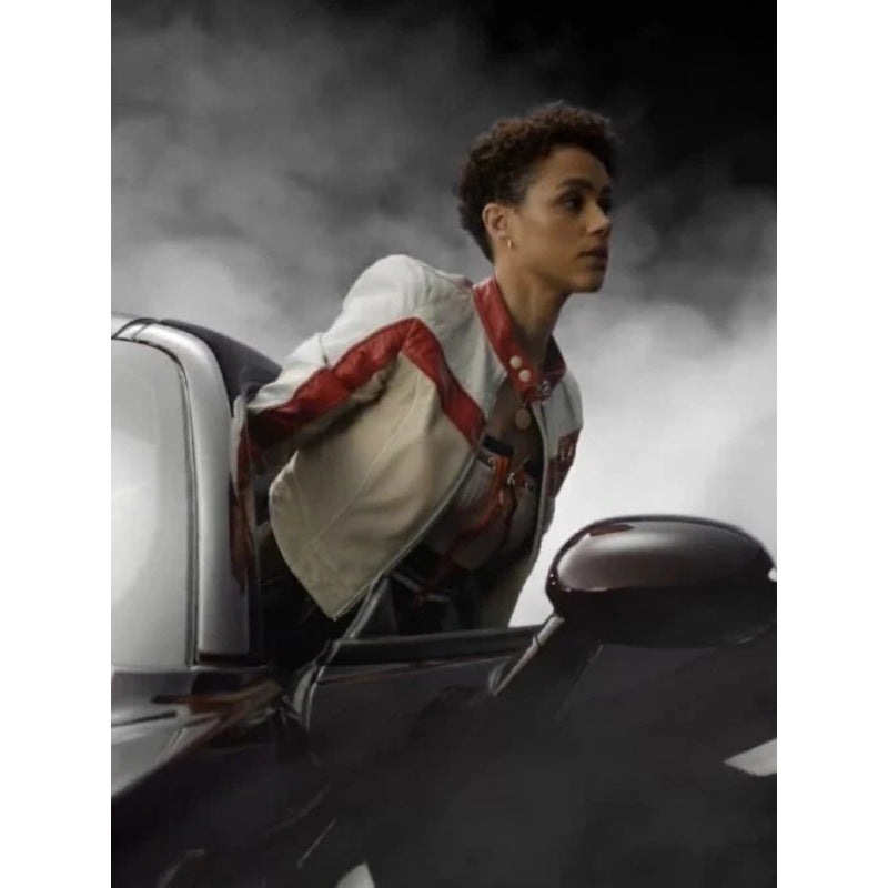 Fast X 2023 Nathalie Emmanuel Ramsey White Cafe Racer Leather Jacket