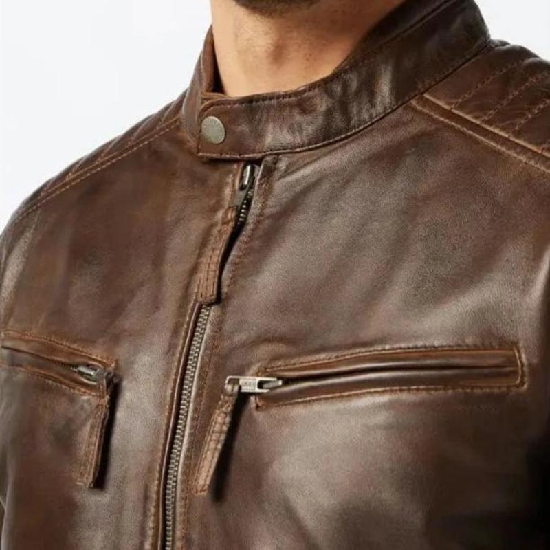 Men's Antique Motorcycle Washed Brown Leather Jacket