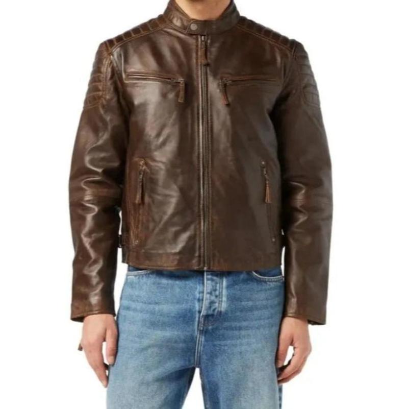 Men's Antique Motorcycle Washed Brown Leather Jacket