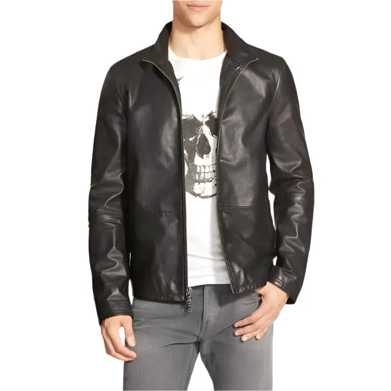 Men's Stylish Black Full-Zip Front Black Leather Jacket