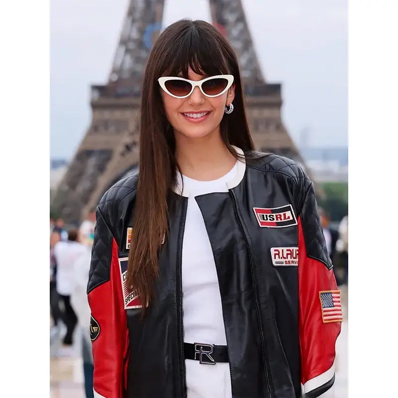 2024 Olympic Nina Dobrev Paris Leather Bomber Jacket