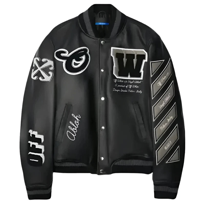 Off White Leather Black Varsity Jacket