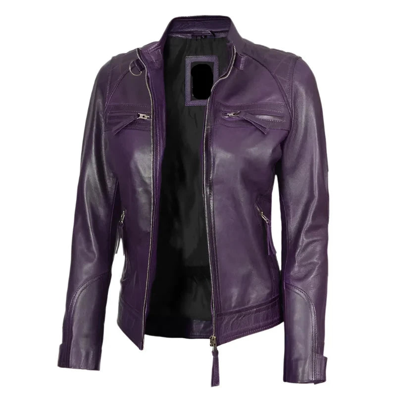 Quilted Leather Cafe Racer Jacket For Women