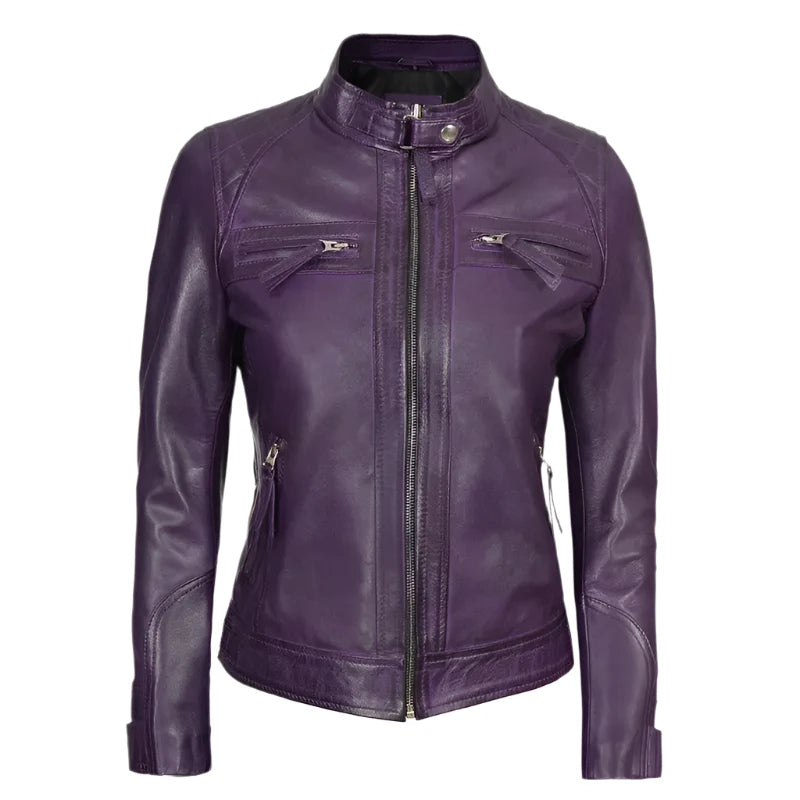 Quilted Leather Cafe Racer Jacket For Women