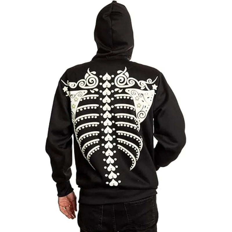 Skeleton Costume Fleece Zip-up Black Hoodie