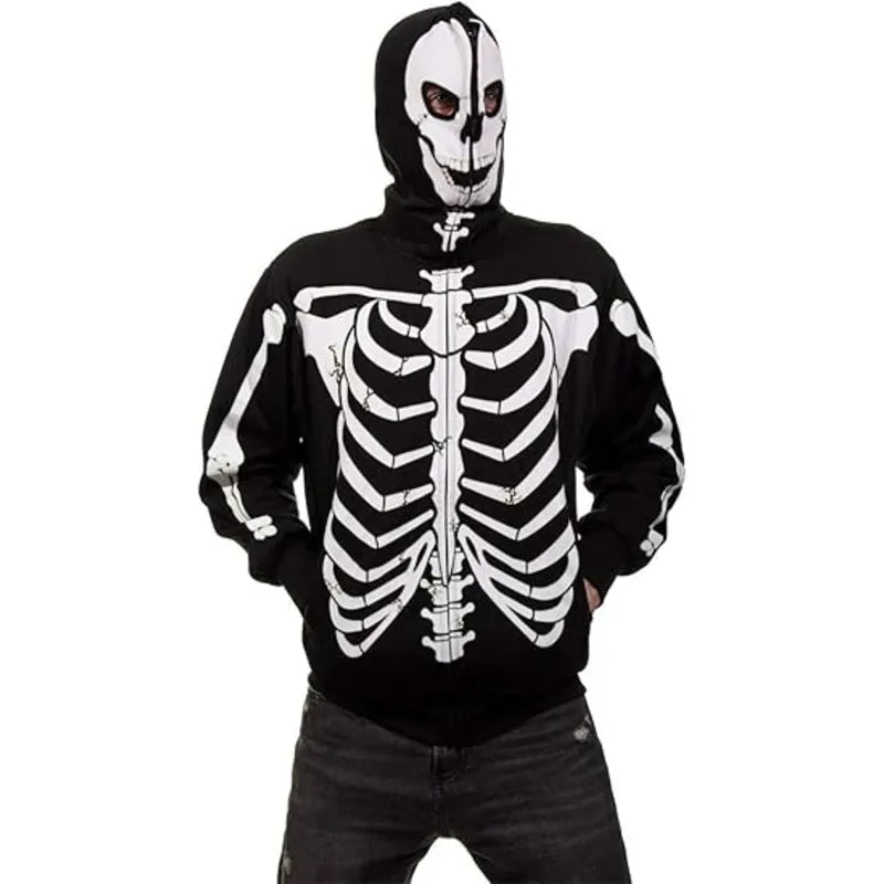 Skeleton Costume Fleece Zip-up Black Hoodie