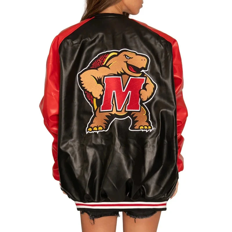 University of Maryland Real Leather Black & Red Varsity Jacket