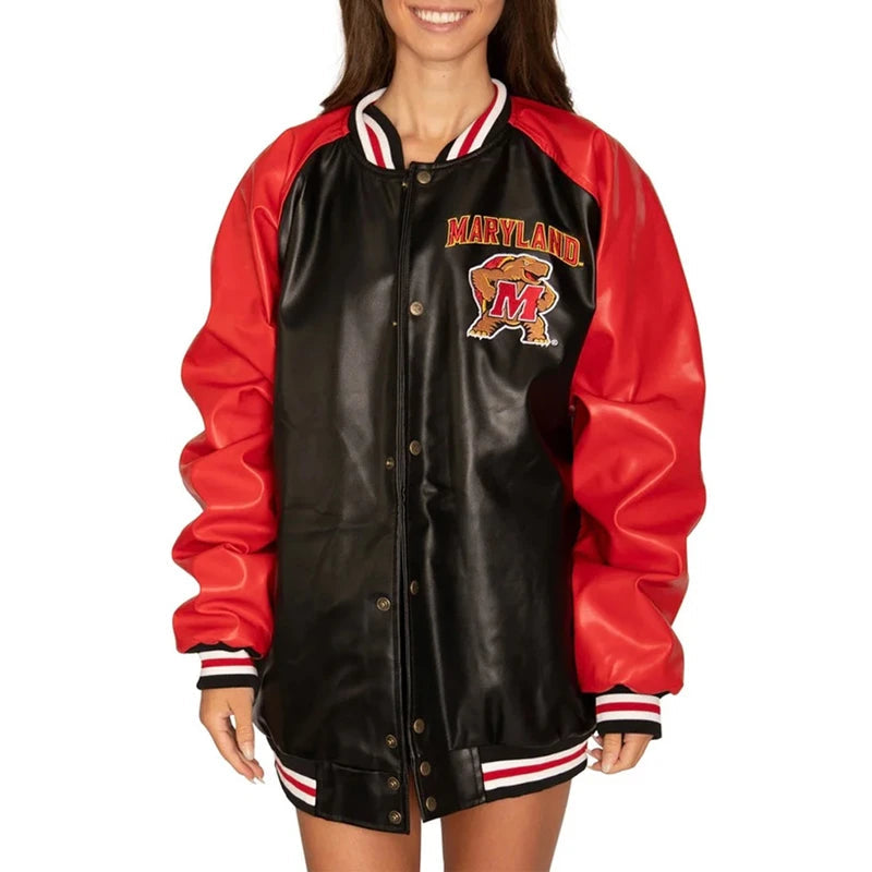 University of Maryland Real Leather Black & Red Varsity Jacket