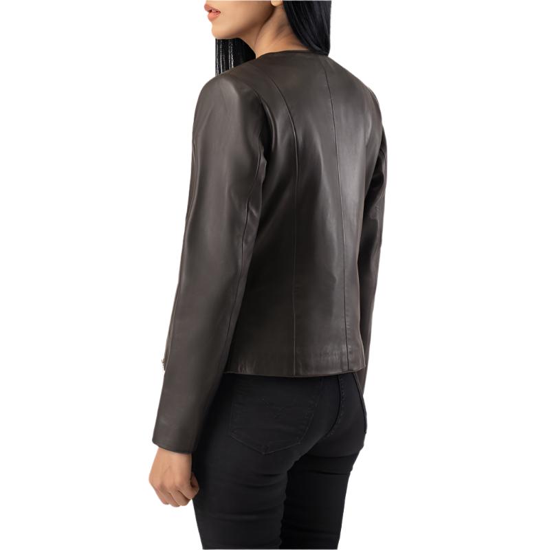 Women Elixir Collarless Brown Leather Jacket