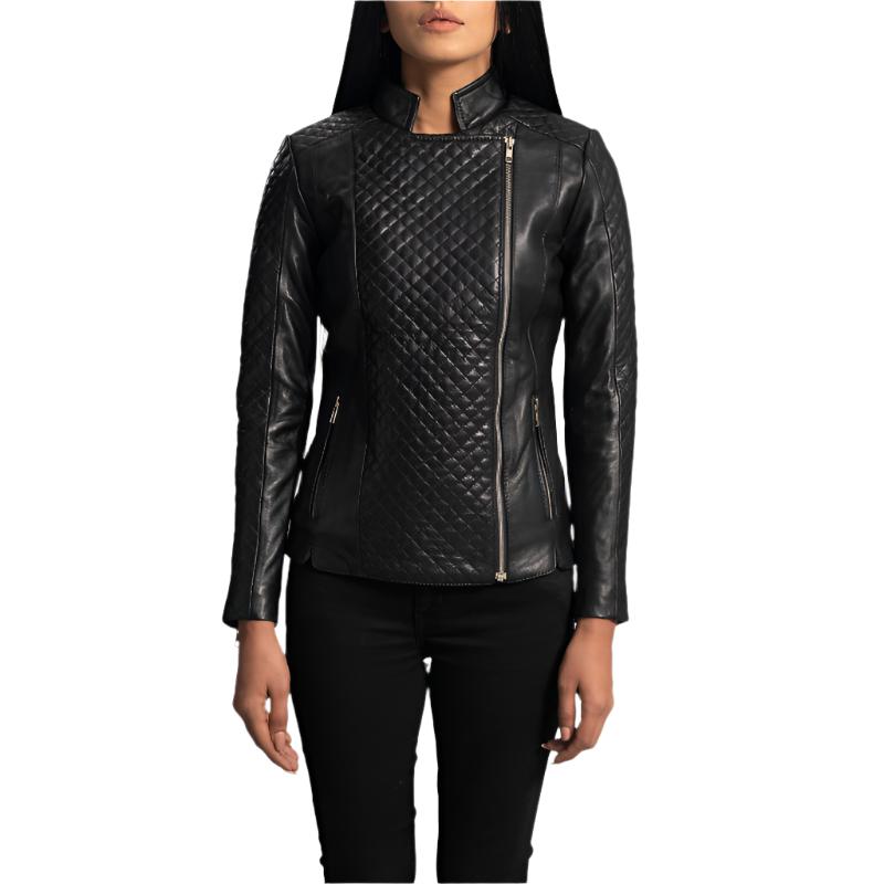 Women Orient Grain Quilted Black Biker Jacket