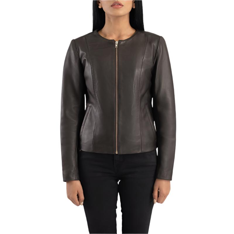 Women Elixir Collarless Brown Leather Jacket