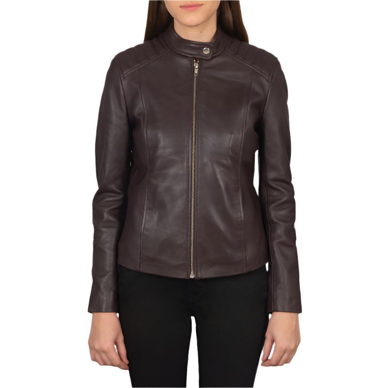 Women's Kelsee Maroon Leather Biker Jacket