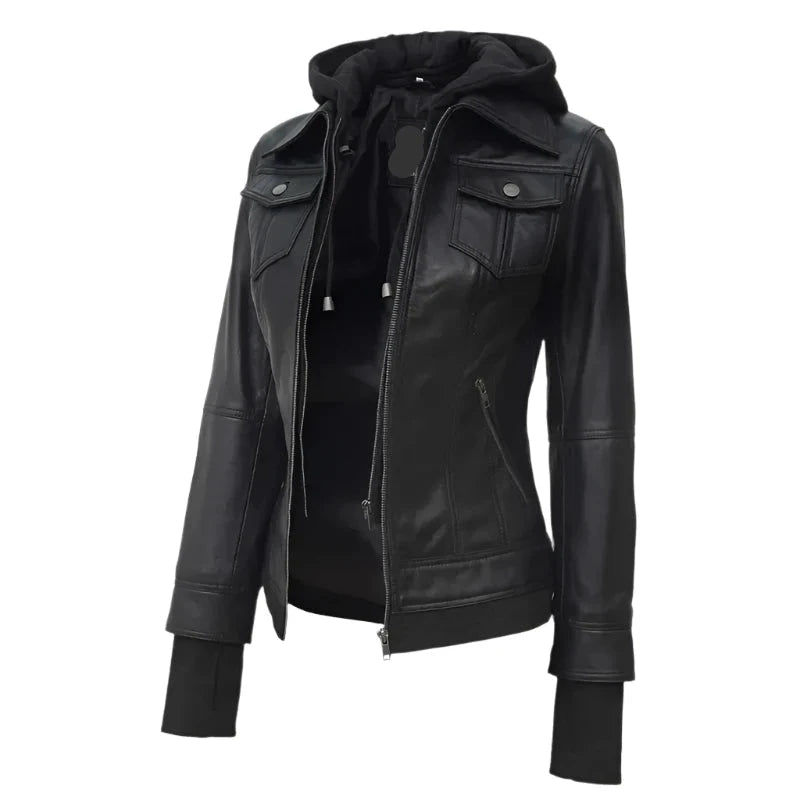 Women's Tralee Bomber Black Hooded Leather Jacket