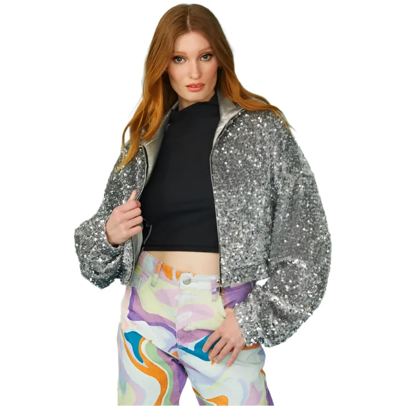 Silver Sequin Cropped Biker Jacket